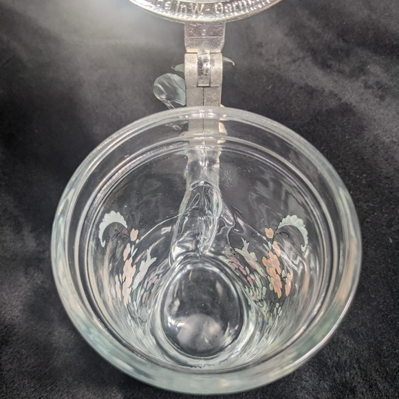 German Beer Stein Vintage Lidded Bird Hunter Forest Flower Butterfly Clear Glass - Picture 8 of 11